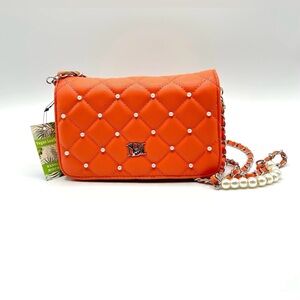 Badgley Mischka Coral Crossbody Bag With Pearls and Silver Strap. NWT Sealed.